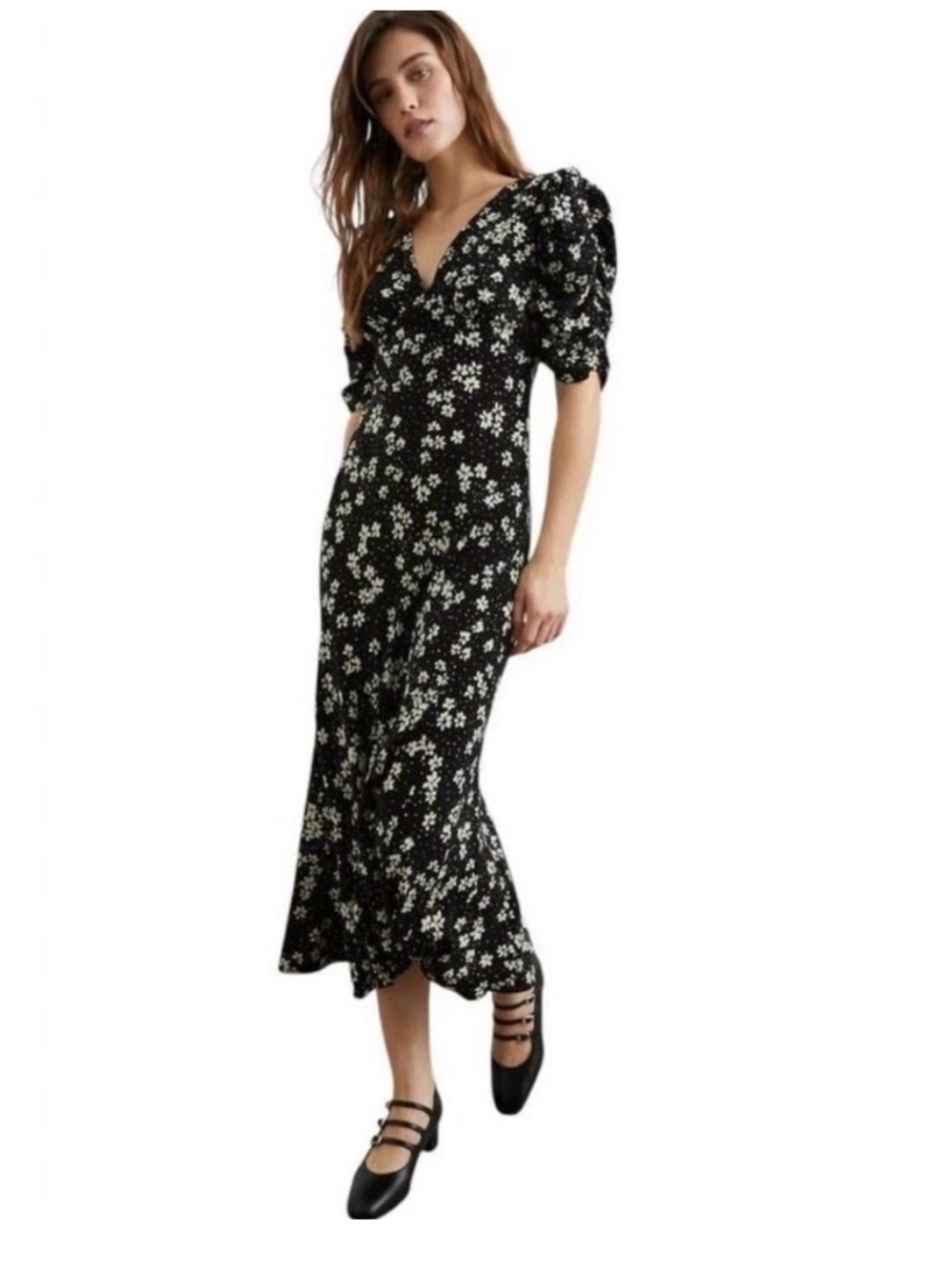 Rails Zariah Black White Floral Midi Dress Puff Sleeve V-Neck Rayon Size Large - Picture 2 of 7